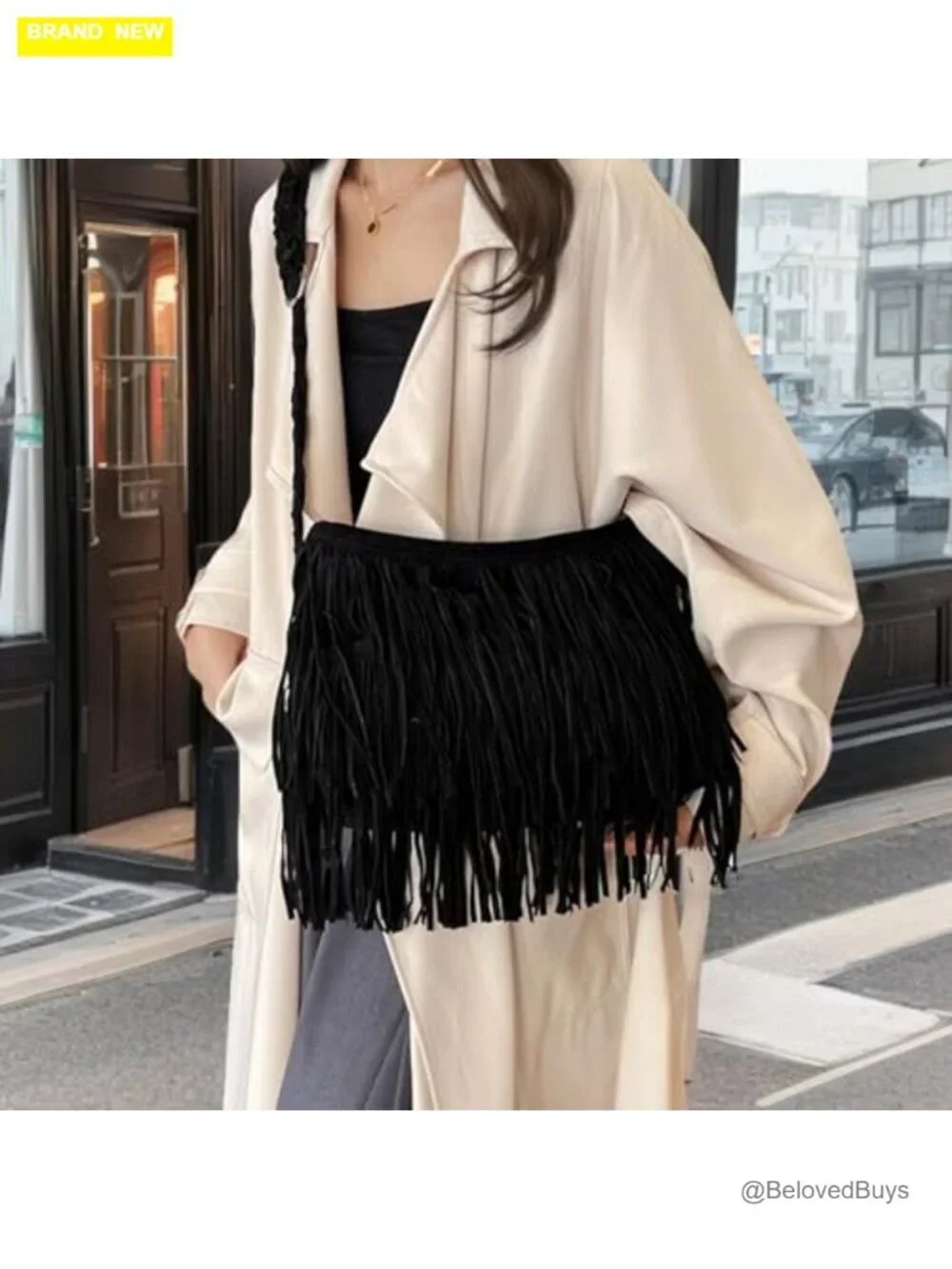 Large Tassel Fringe Crossbody Hobo Bag with Woven Strap